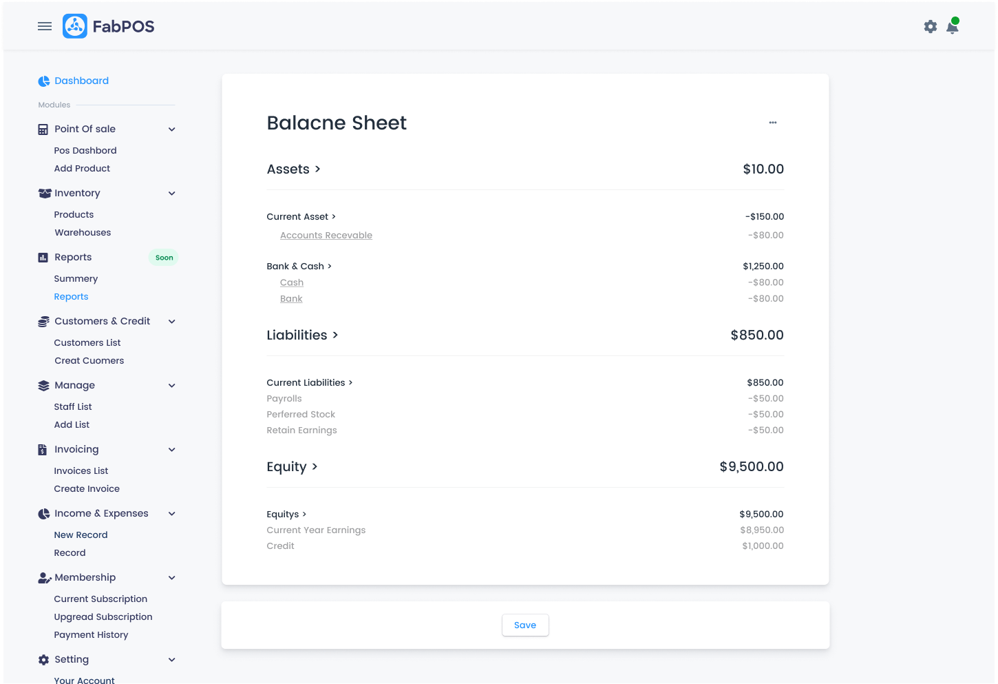 FabPOS: Balance sheet