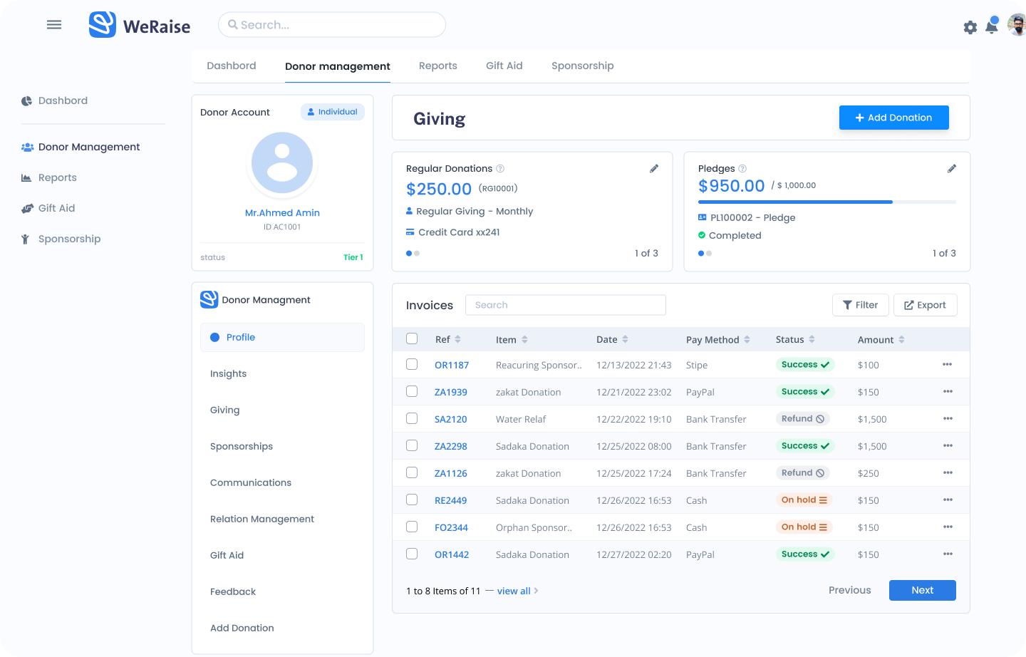 WeRaise: Donations and invoices